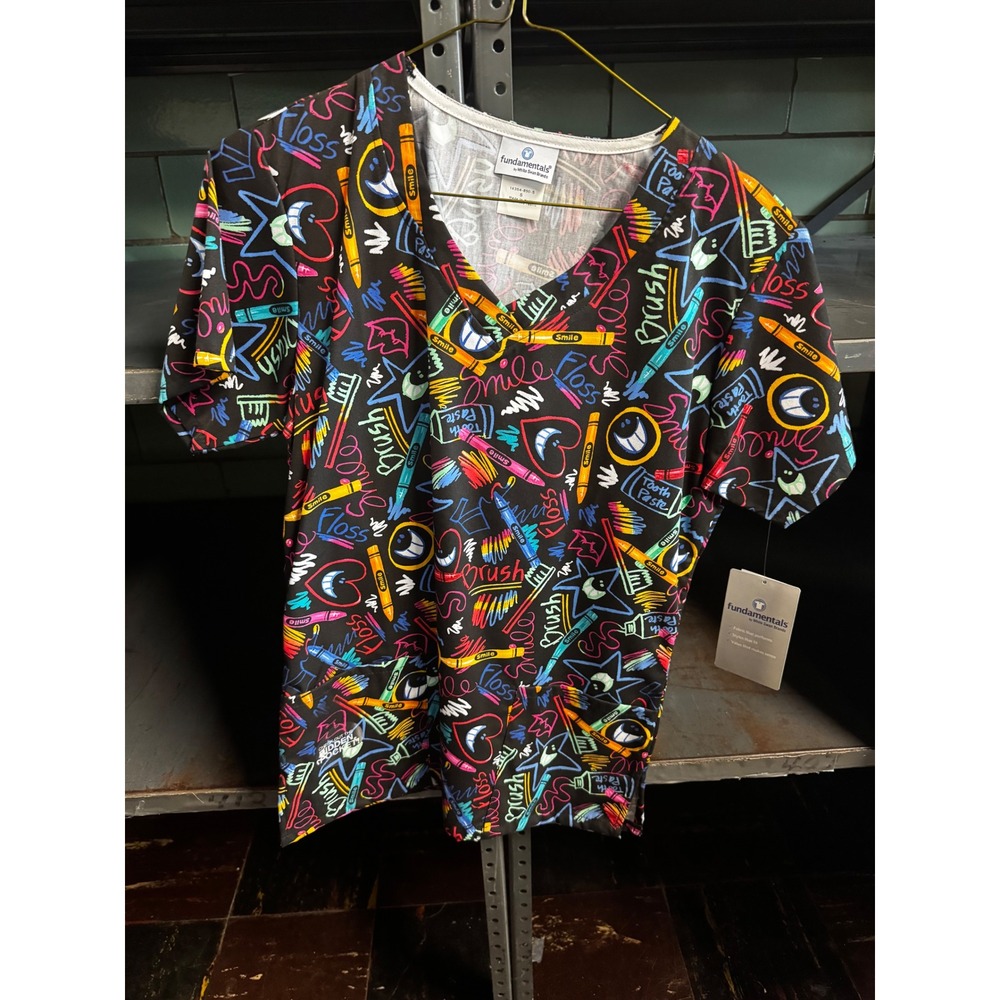 Fundamentals White Swan Dental Scrub Top Neon Graffiti Smile Toothbrush S NWT